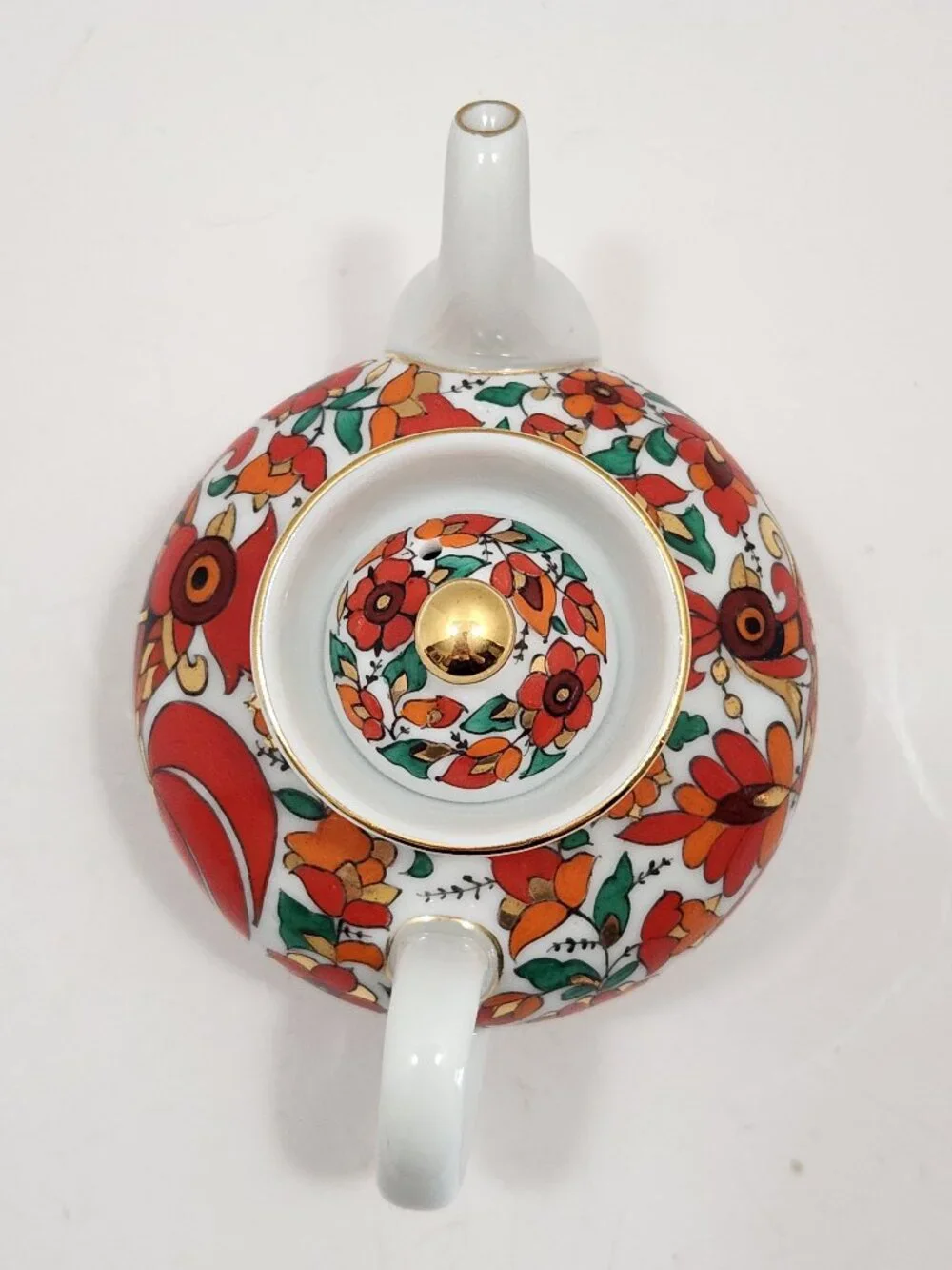 Vintage Lomonosov LFZ USSR Porcelain Red Rooster Teapot Malysh Shape Hand Painte